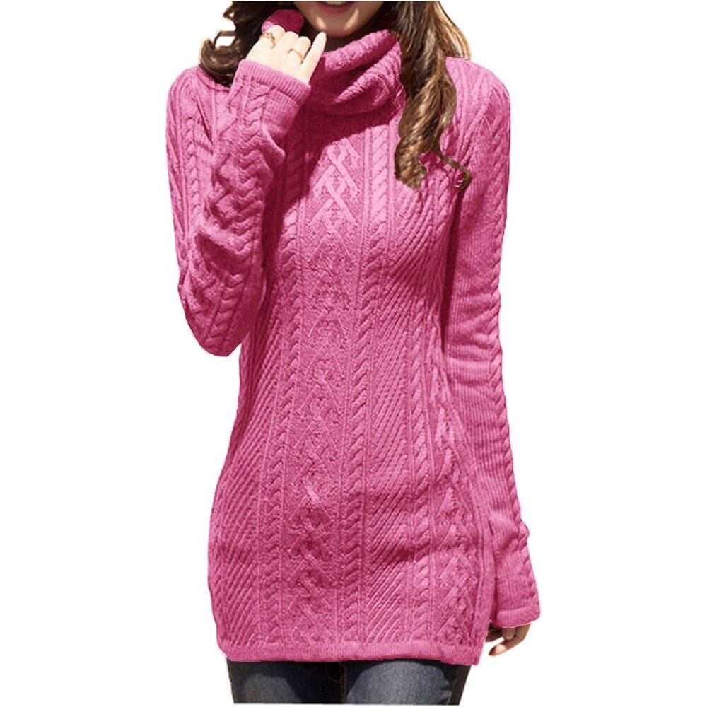 Women's Polo Neck Long Fitted Dress Bodycon Turtleneck Cable Knit Sweater Pink